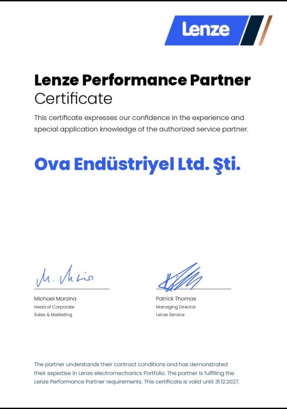 Lenze Performance Partner Sertifikası — Ova Endüstriyel Ltd. Şti.